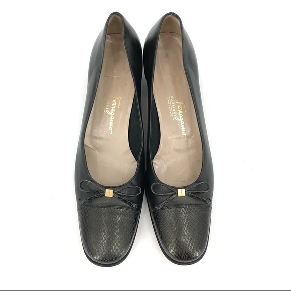 Ferragamo Black Leather Reptile Embossed Cap Toe Bow Front Low Pump Size 10 4A - Picture 4 of 8